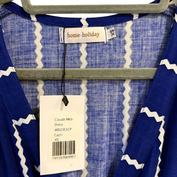 Home Holiday Claude Midi Dress Blue White Zigzag Stripe V-Neck XS Drawstring - Picture 3 of 9